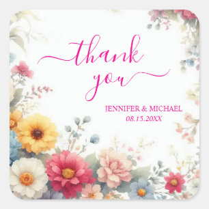 Aquarell Flowers Calligraphy Script Thank You Square Sticker