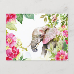 Aquarell Illustration eines Elefanten mit Blumen Postcard