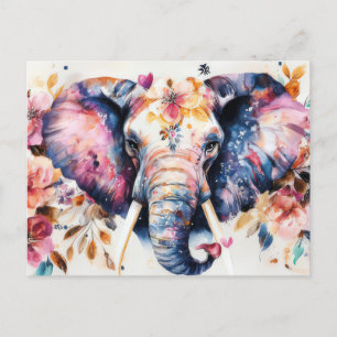 Aquarell Illustration eines Elefanten mit Blumen Postcard