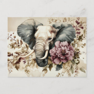 Aquarell Illustration eines Elefanten mit Blumen Postcard