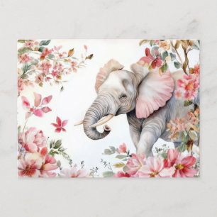 Aquarell Illustration eines Elefanten mit Blumen Postcard