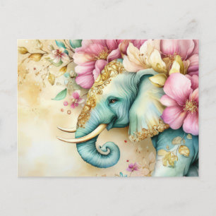 Aquarell Illustration eines Elefanten mit Blumen Postcard