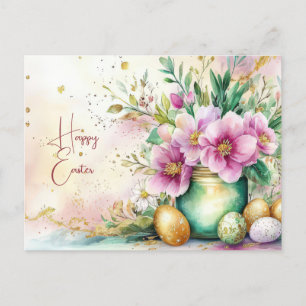 Aquarell Oster Postkarte mit Ostereiern und Blumen Postcard