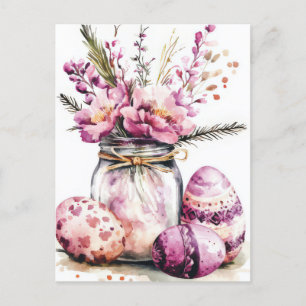 Aquarell Oster Postkarte mit Ostereiern und Blumen Postcard