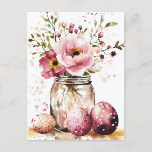 Aquarell Oster Postkarte mit Ostereiern und Blumen Postcard