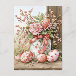 Aquarell Oster Postkarte mit Ostereiern und Blumen Postcard