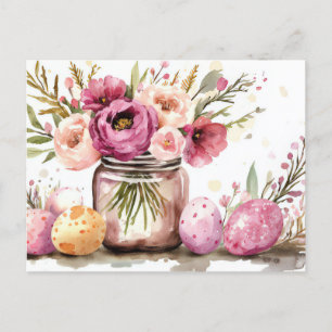 Aquarell Oster Postkarte mit Ostereiern und Blumen Postcard