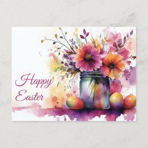 Aquarell Oster Postkarte mit Ostereiern und Blumen Postcard