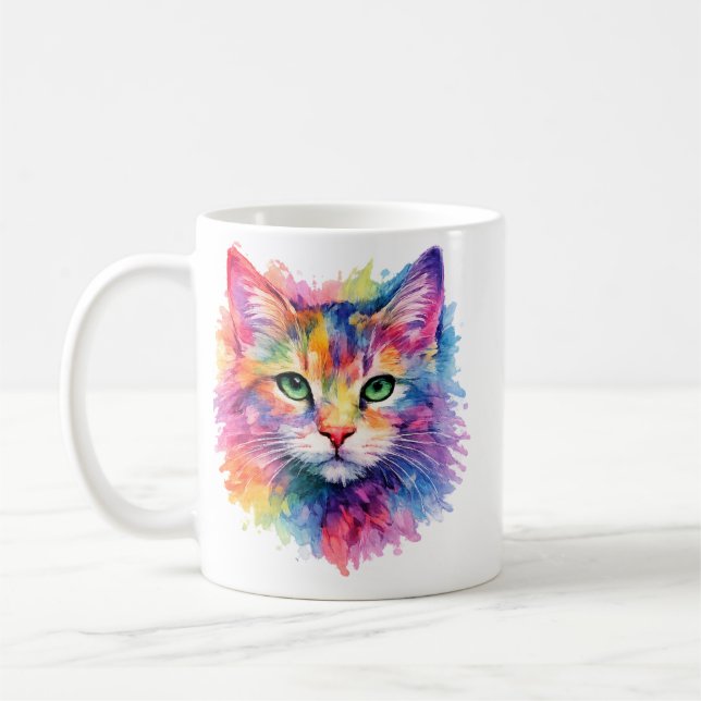 Aquarell Regenbogen Katze Tasse – Wildtier Edition (Gauche)