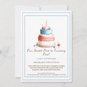 Aquarelle 1er anniversaire Invitation avec bougie 