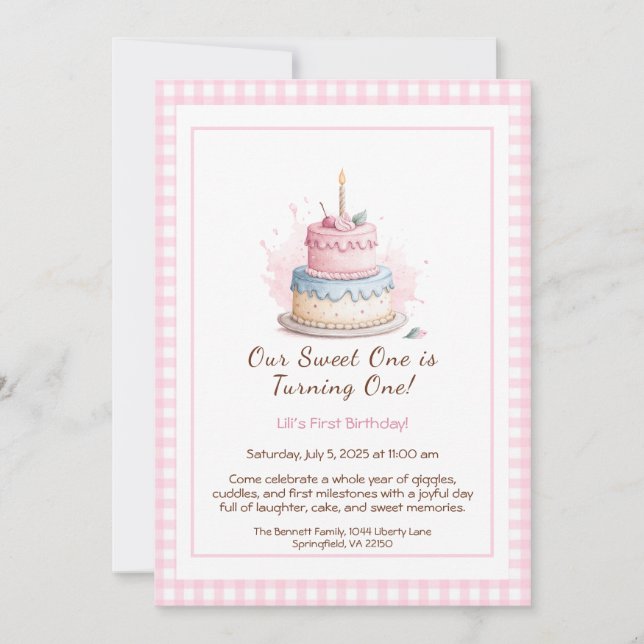 Aquarelle 1er anniversaire Invitation avec Cake ro (Devant)