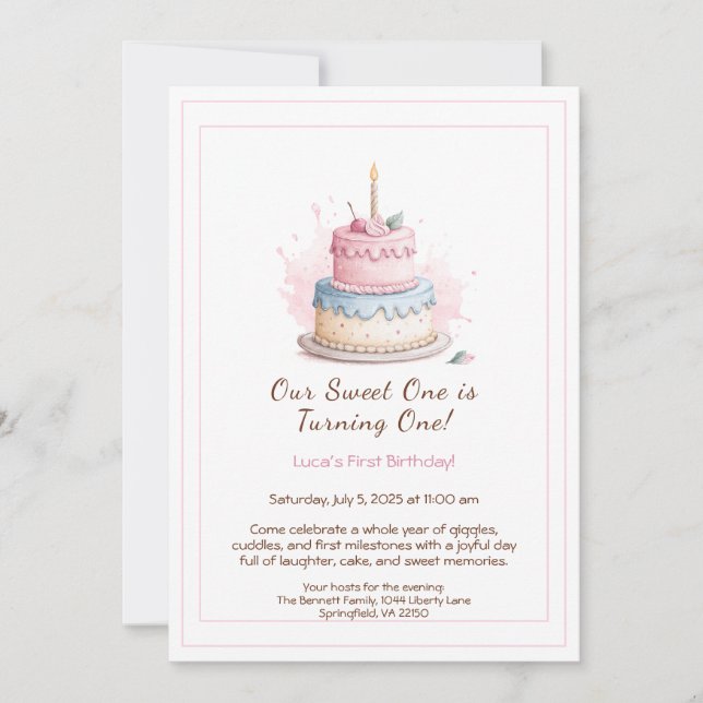 Aquarelle 1er anniversaire Invitation avec Cake ro (Devant)