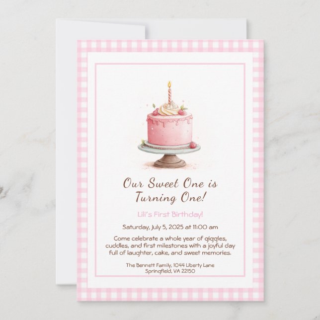 Aquarelle 1er anniversaire Invitation - Gâteau ros (Devant)