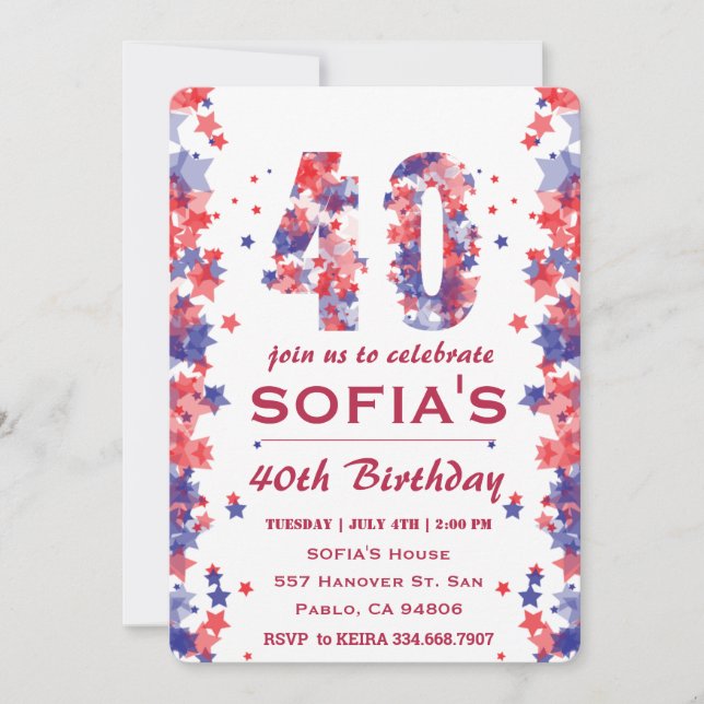 Aquarelle 4 Juillet 40 Anniversaire Invitation de  (Devant)