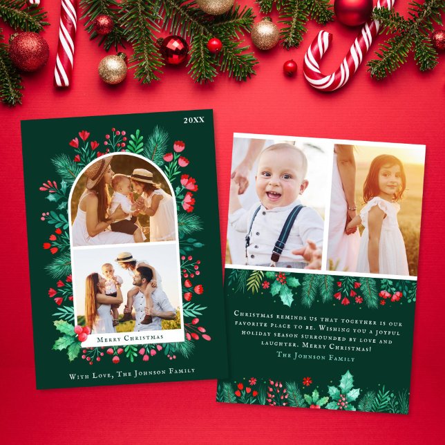 Aquarelle 4 Photo Carte de Noël Avant et arrière (Watercolor 4 Photo Christmas Card Front + Back)