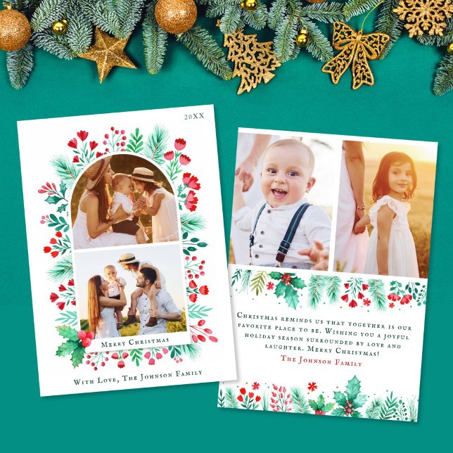 Aquarelle 4 Photo Carte de Noël Avant et arrière (Watercolor 4 Photo Christmas Card Front + Back)