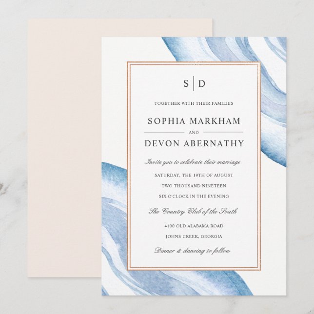 Aquarelle Agate Slice Wedding Invitation | Bleu (Devant / Derrière)