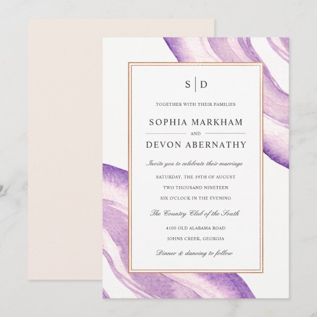 Aquarelle Agate Slice Wedding Invitation | Lavande (Devant / Derrière)
