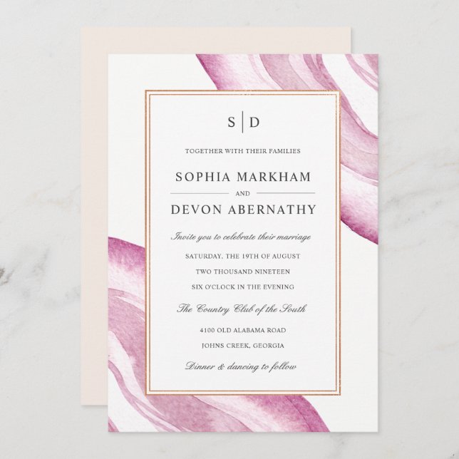 Aquarelle Agate Slice Wedding Invitation | Mauve r (Devant / Derrière)