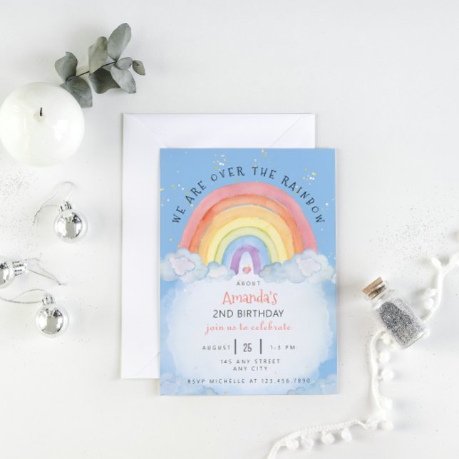 Aquarelle Arc-en-ciel Invitation de fête d'anniver (watercolor rainbow birthday party blue)