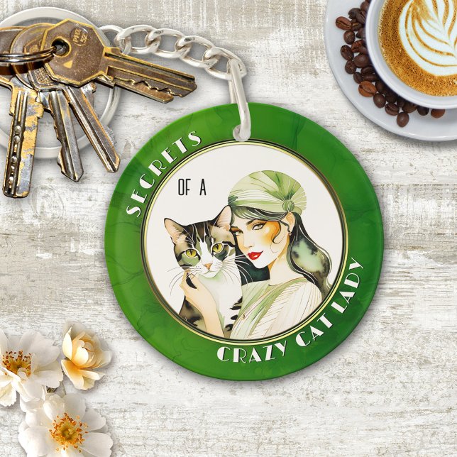 Aquarelle Art Déco Crazy Cat Lady Porte - clé (Keychain featuring a watercolor painting in art deco Gatsby style of a mysterious lady with her cat)