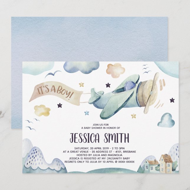 Aquarelle Avion Baby Boy Shower Invitation (Devant / Derrière)