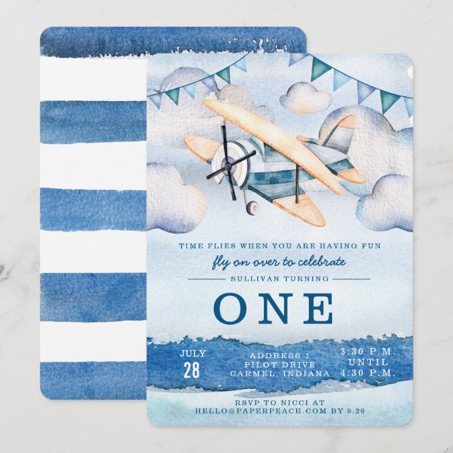 Aquarelle Avion Boy Invitations de fête d'annivers (Devant / Derrière)
