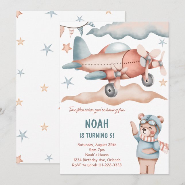 Aquarelle Avion Ours Anniversaire Invitation (Devant / Derrière)