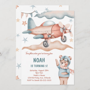 Aquarelle Avion Ours Anniversaire Invitation