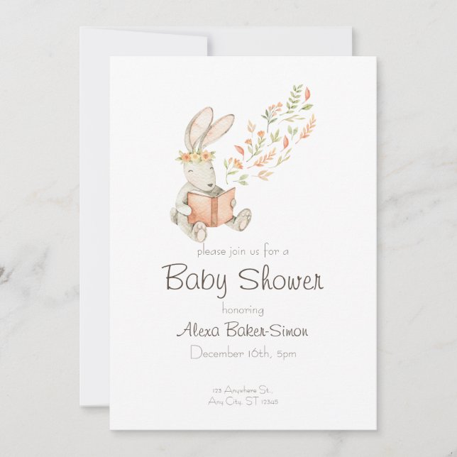 Aquarelle baby shower invitation avec bébé lapin (Devant)