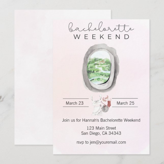 Aquarelle Bachelorette Plane Fenêtre Invitation (Devant / Derrière)