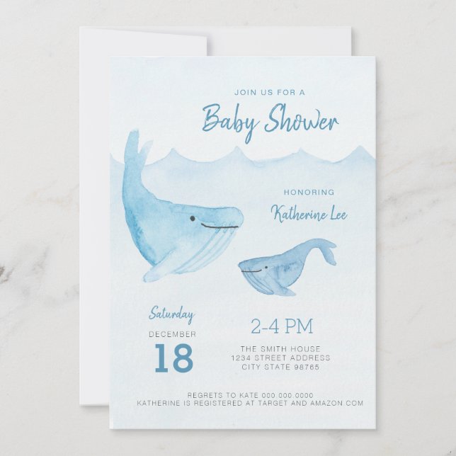 Aquarelle Baleine Océan Baby shower Invitation (Devant)