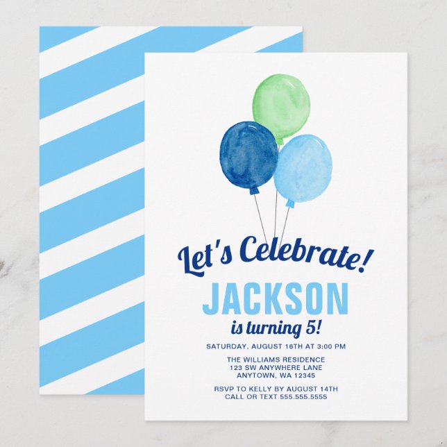 Aquarelle Ballons garçon Invitations d'anniversair (Devant / Derrière)