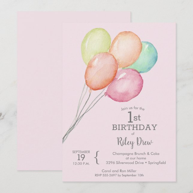 Aquarelle Ballons rose 1er anniversaire Invitation (Devant / Derrière)
