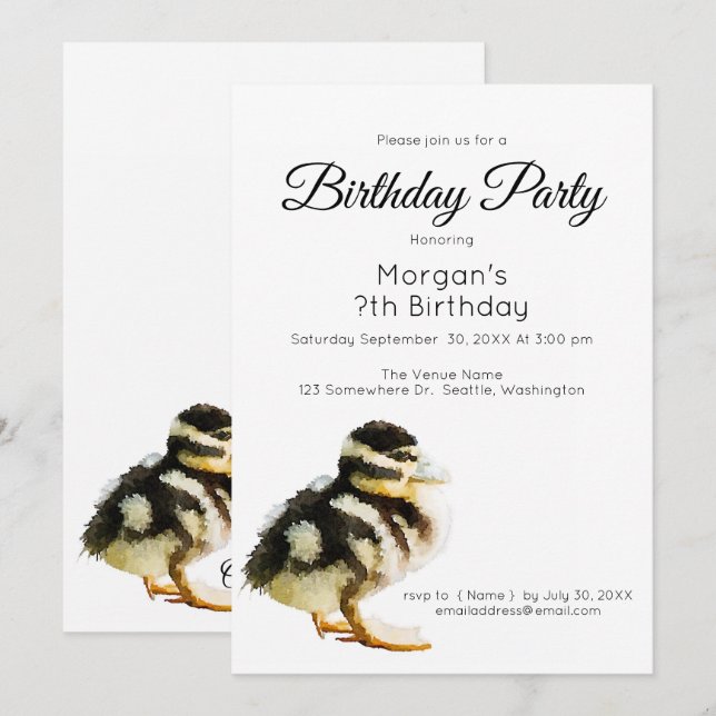 Aquarelle Bébé Canard Anniversaire Fête Invitation (Devant / Derrière)