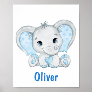 Aquarelle Bébé Eléphant Bleu Garçon Nursery Poster