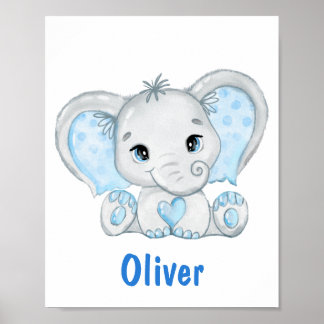 Aquarelle Bébé Eléphant Bleu Garçon Nursery Poster
