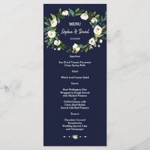 Aquarelle Blanc Floral Bleu foncé Menu Mariage