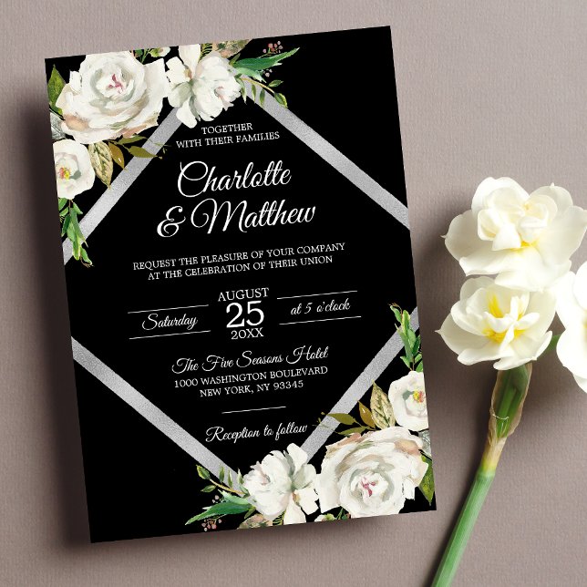 Aquarelle Blanc noir Faire-part de mariage Floral (Créateur téléchargé)