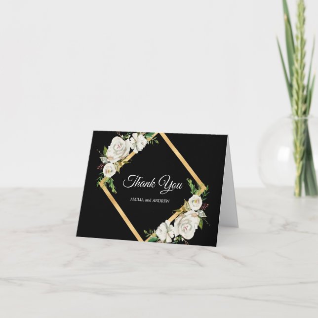 Aquarelle Blanc Noir Or Floral Mariage Merci (Devant)