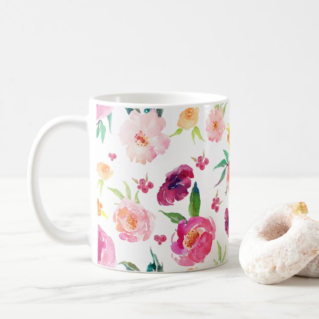 Aquarelle blanche et rose Peonies Motif Mug (Avec donut)