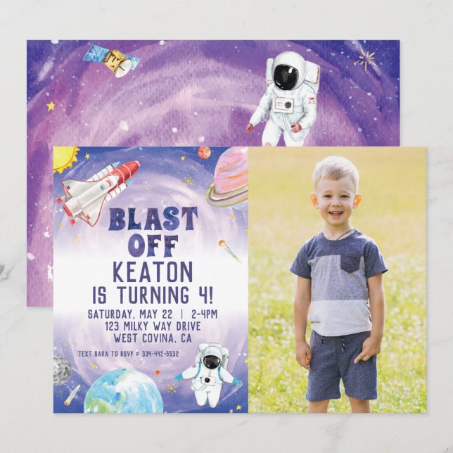 Aquarelle Blast off Space Invitation Anniversaire (Devant / Derrière)