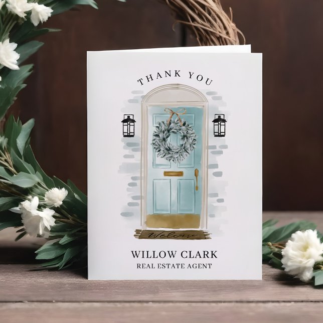 Aquarelle bleu Aqua Porte avant et Merci de couron (Aqua Blue Watercolor Front Door & Wreath Thank You)