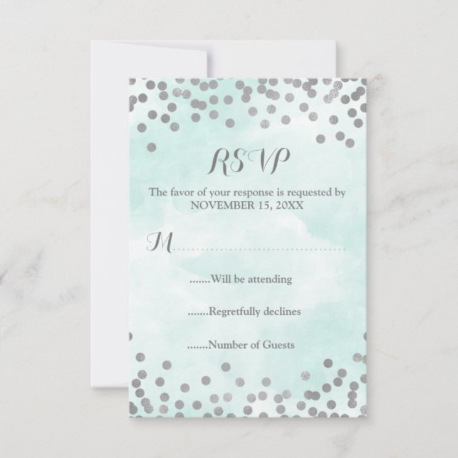 Aquarelle bleu Argent Confetti Mariage RSVP (Devant)