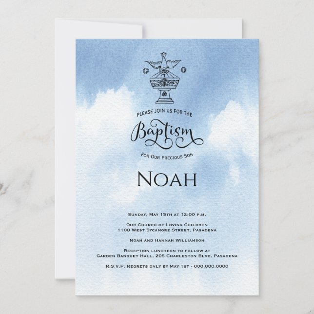 Aquarelle Bleu baptême Baptême Invitation (Devant)