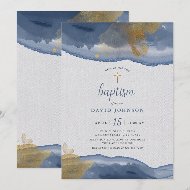 Aquarelle bleu | Baptême Gold Boys Invitation (Devant / Derrière)