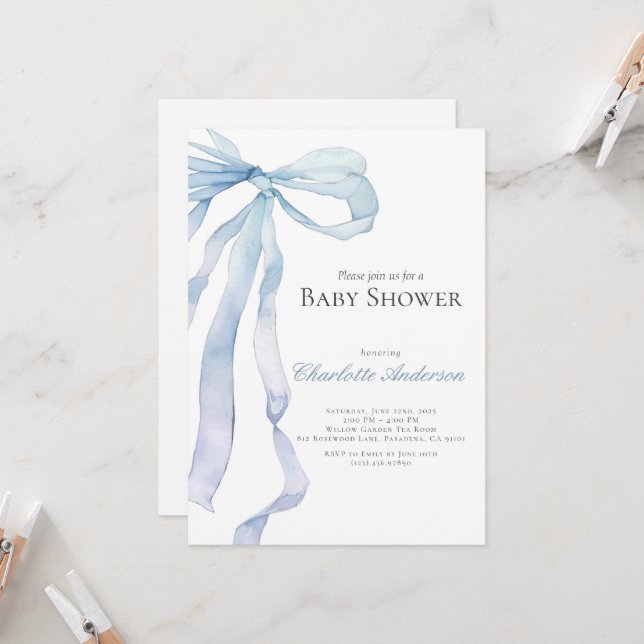 Aquarelle bleu bébé garçon douche Invitation (Devant/Arrière en situation)