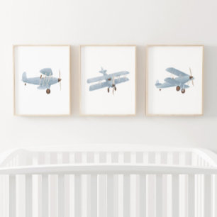 Aquarelle bleu Biplane Boy Travel Nurseror Décor