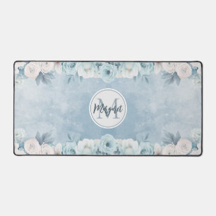 Aquarelle bleu blanc monogramme floral   Nom