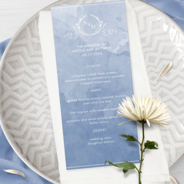 Aquarelle Bleu Chic Dusty, Menu Mariage Monogramme (Créateur téléchargé)